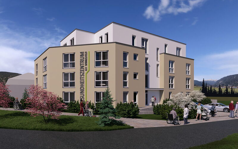 Foto des neuen Gesundheitszentrums Bischweier mit barrierefreiem Eingang und gepflegtem Au&szlig;enbereich